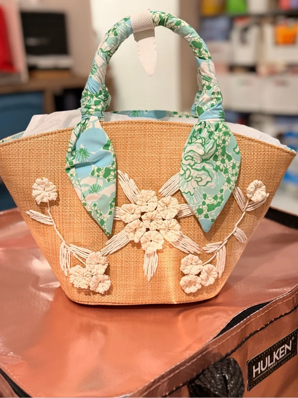 Lilly Pulitzer Natural Straw Mini Tote Bag with Green Floral Scarf Bursts of Joy - Picture 4 of 8